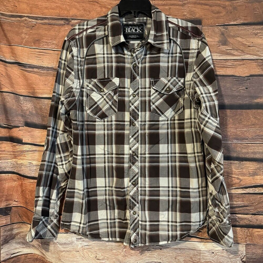 Buckle Black Men's Western Pearl Snap Plaid Shirt L/S Black White Brown